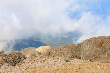 Very beautiful view from the top of Mount Tahtali or Olympos of the Kemer district of Antalya province in Turkey. A popular tourist spot for sightseeing and skydiving. Background or landscape