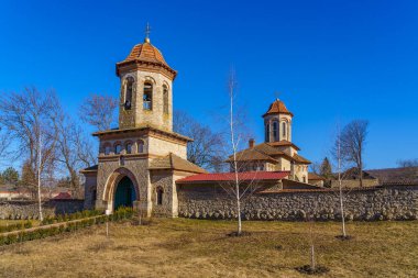 February 14, 2022 Cuhurestii Moldova. Editorial background for news. Ancient stone church of the architect Shchusev