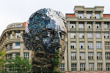 August 25, 2022 Prague, Czech Republic. Rotating Head, head sculpture of the German-speaking writer Franz Kafka. Background with copy space for text.