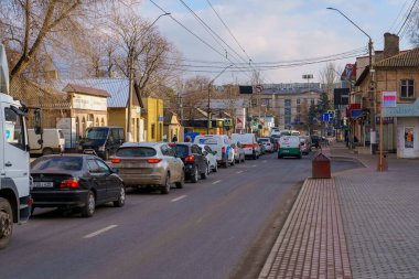 January 14, 2022 Balti Moldova. Traffic jams in the urban environment. Background