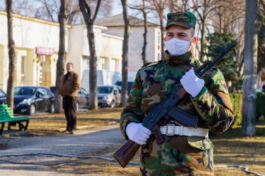 February 15, 2022 Balti Moldova. Guard of honor at the monument to the soldiers of the internationalists who died in Afghanistan. News editorial background
