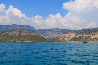 August 10, 2022 Demre, Antalya province, Turkey. Yachts off the Mediterranean coast. Background with copy space for text