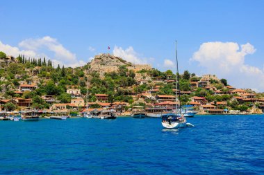Rocky Turkish coast, a popular tourist route to the island of Kekova. August 10, 2022 Demre Turkey.