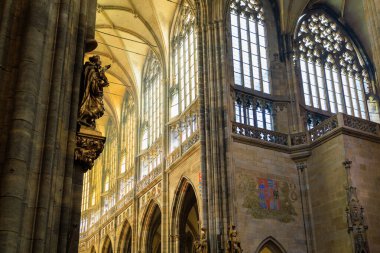 August 22, 2022 Prague, Czech Republic. Interior inside Gothic Catholic Cathedral of St. Vitus, Wenceslas and Vojtech in Prague Castle. Background with copy space for text.