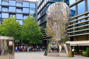 August 25, 2022 Prague, Czech Republic. Rotating Head, head sculpture of the German-speaking writer Franz Kafka. Background with copy space for text.