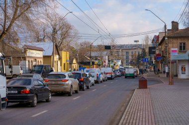 January 14, 2022 Balti Moldova. Traffic jams in the urban environment. Background