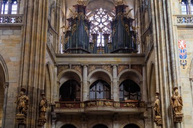August 22, 2022 Prague, Czech Republic. Interior inside Gothic Catholic Cathedral of St. Vitus, Wenceslas and Vojtech in Prague Castle. Background with copy space for text.