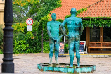 August 25, 2022 Prague, Czech Republic. The famous fountain, the main attraction of Prague next to the Franz Kafka Museum. Background with selective focus and copy space