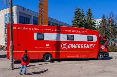 March 28, 2022 Balti Moldova Mobile hospital on wheels. Red ambulance truck.