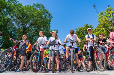 June 4, 2022 Balti Moldova. Mass gathering of amateur cyclists in the city. Illustrative editorial, background.