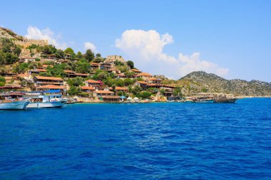 Rocky Turkish coast, a popular tourist route to the island of Kekova. August 10, 2022 Demre Turkey.