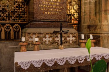 August 22, 2022 Prague, Czech Republic. Interior inside Gothic Catholic Cathedral of St. Vitus, Wenceslas and Vojtech in Prague Castle. Background with copy space for text.