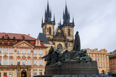 August 24, 2022 Prague, Czech Republic. Ancient sculpture in urban architecture. Background with selective focus and copy space