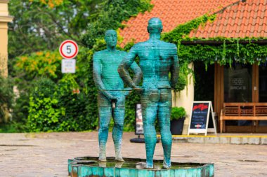 August 25, 2022 Prague, Czech Republic. The famous fountain, the main attraction of Prague next to the Franz Kafka Museum. Background with selective focus and copy space