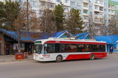 January 14, 2022 Balti Moldova. Trolleybus urban eco-friendly transport. Background