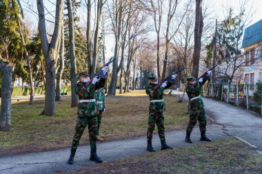 February 15, 2022 Balti Moldova. Soldiers traditionally shoot in the air at the Day of Remembrance for fallen soldiers