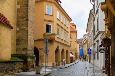 August 25, 2022 Prague, Czech Republic. Narrow cozy streets with classical architecture. Background with selective focus and copy space for text
