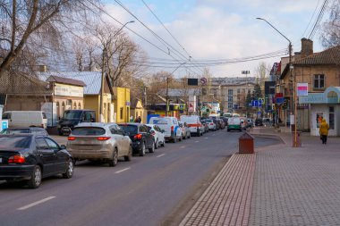 January 14, 2022 Balti Moldova. Traffic jams in the urban environment. Background