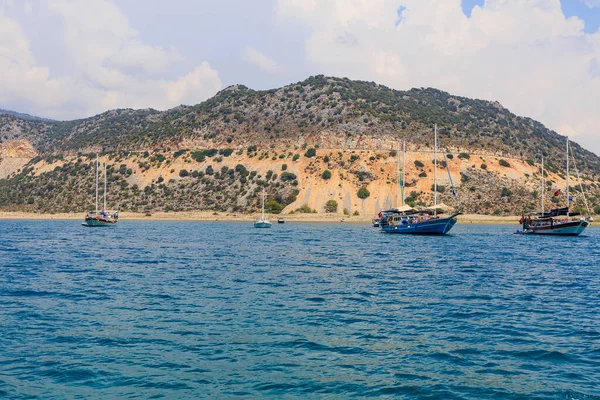 August 10, 2022 Demre, Antalya province, Turkey. Yachts off the Mediterranean coast. Background with copy space for text