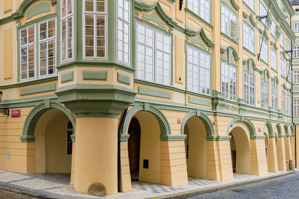 August 23, 2022 Prague, Czech Republic. Houses of old classical European architecture. Background with copy space for text.