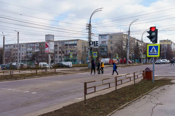 January 2022 Balti Moldova Pedestrian Crossing Traffic Lights City Background — Photo