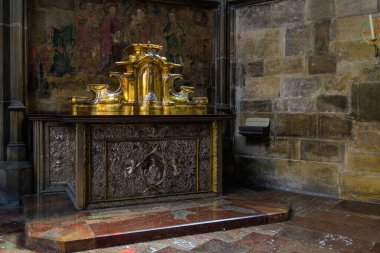 August 22, 2022 Prague, Czech Republic. Interior inside Gothic Catholic Cathedral of St. Vitus, Wenceslas and Vojtech in Prague Castle. Background with copy space for text.