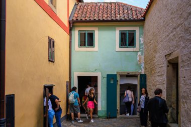 August 22, 2022 Prague, Czech Republic. Narrow cozy streets with classical architecture. Background with selective focus and copy space for text