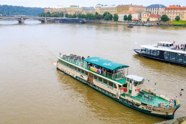 August 24, 2022 Prague, Czech Republic. Pleasure boat on the Vltava river. Background with selective focus and copy space for text
