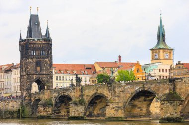 August 25, 2022 Prague, Czech Republic. Pedestrian Charles Bridge. Background with copy space for text.