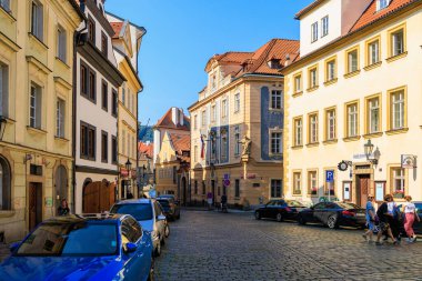August 27, 2022 Prague, Czech Republic. Narrow cozy streets with classical architecture. Background with selective focus and copy space for text