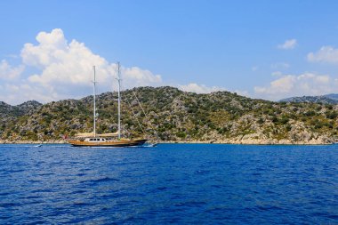 August 10, 2022 Demre, Antalya province, Turkey. Yachts off the Mediterranean coast. Background with copy space for text