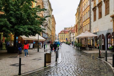 August 24, 2022 Prague, Czech Republic. Narrow cozy streets with classical architecture. Background with selective focus and copy space for text