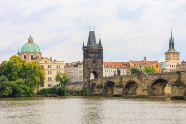 August 25, 2022 Prague, Czech Republic. Pedestrian Charles Bridge. Background with copy space for text.
