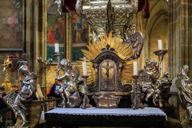 August 22, 2022 Prague, Czech Republic. Interior inside Gothic Catholic Cathedral of St. Vitus, Wenceslas and Vojtech in Prague Castle. Background with copy space for text.