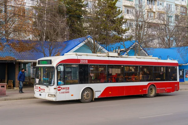 stock image January 14, 2022 Balti Moldova. Trolleybus urban eco-friendly transport. Background