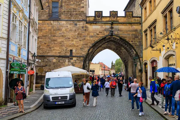 August 24, 2022 Prague, Czech Republic. Narrow cozy streets with classical architecture. Background with selective focus and copy space for text