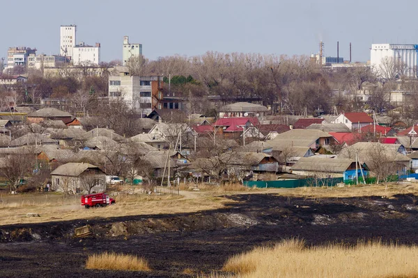 March 29, 2022 Balti Moldova. Editorial background for news. Burnt reeds after a fire near the village