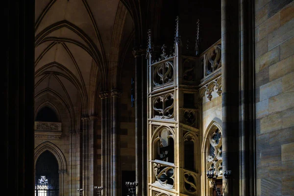 August 22, 2022 Prague, Czech Republic. Interior inside Gothic Catholic Cathedral of St. Vitus, Wenceslas and Vojtech in Prague Castle. Background with copy space for text.