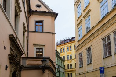 August 24, 2022 Prague, Czech Republic. Houses of old classical European architecture. Background with copy space for text.
