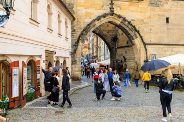 August 24, 2022 Prague, Czech Republic. Narrow cozy streets with classical architecture. Background with selective focus and copy space for text