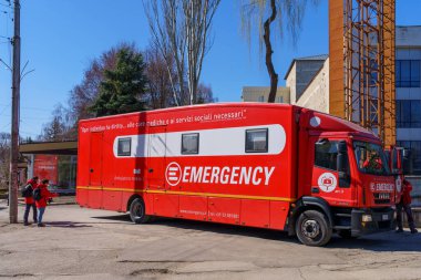 March 28, 2022 Balti Moldova Mobile hospital on wheels. Red ambulance truck.