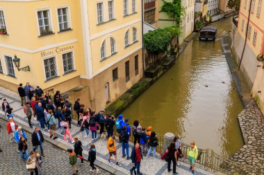 August 24, 2022 Prague, Czech Republic. Pleasure boat on the Vltava river. Background with selective focus and copy space for text