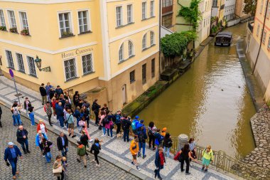 August 24, 2022 Prague, Czech Republic. Pleasure boat on the Vltava river. Background with selective focus and copy space for text
