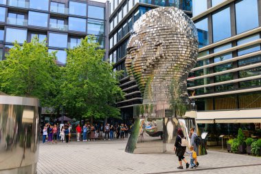 August 25, 2022 Prague, Czech Republic. Rotating Head, head sculpture of the German-speaking writer Franz Kafka. Background with copy space for text.