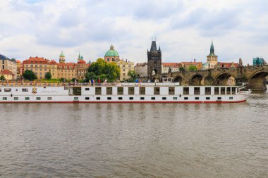 August 25, 2022 Prague, Czech Republic. Pleasure boat on the Vltava river. Background with selective focus and copy space for text