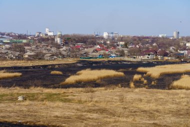 March 29, 2022 Balti Moldova. Editorial background for news. Burnt reeds after a fire near the village