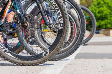 June 4, 2022 Balti Moldova. Wheel close-up. Mass gathering of amateur cyclists in the city. Illustrative editorial, background.
