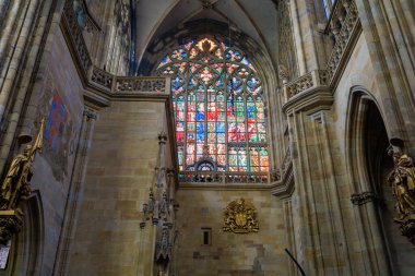 August 22, 2022 Prague, Czech Republic. Interior inside Gothic Catholic Cathedral of St. Vitus, Wenceslas and Vojtech in Prague Castle. Background with copy space for text.