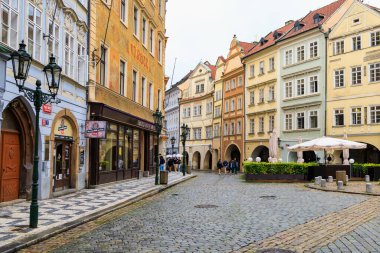 August 24, 2022 Prague, Czech Republic. Narrow cozy streets with classical architecture. Background with selective focus and copy space for text