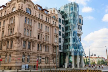 August 26, 2022 Prague, Czech Republic. Dancing House. Famous and popular place among tourists. City landmark of Prague. Travel background